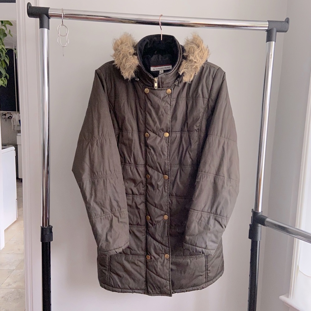 JC Collection Women’s Lined Winter Jacket with Faux Fur Lined Hood Olive Green